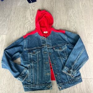 Denim Trucker Jacket with Red Hooded Liner.  Unisex. Med